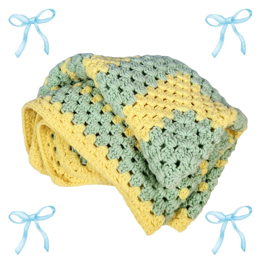 Vintage Handmade CROCHET AFGHAN BABY LAP BLANKET PASTEL Yellow Blue 35" Square‎